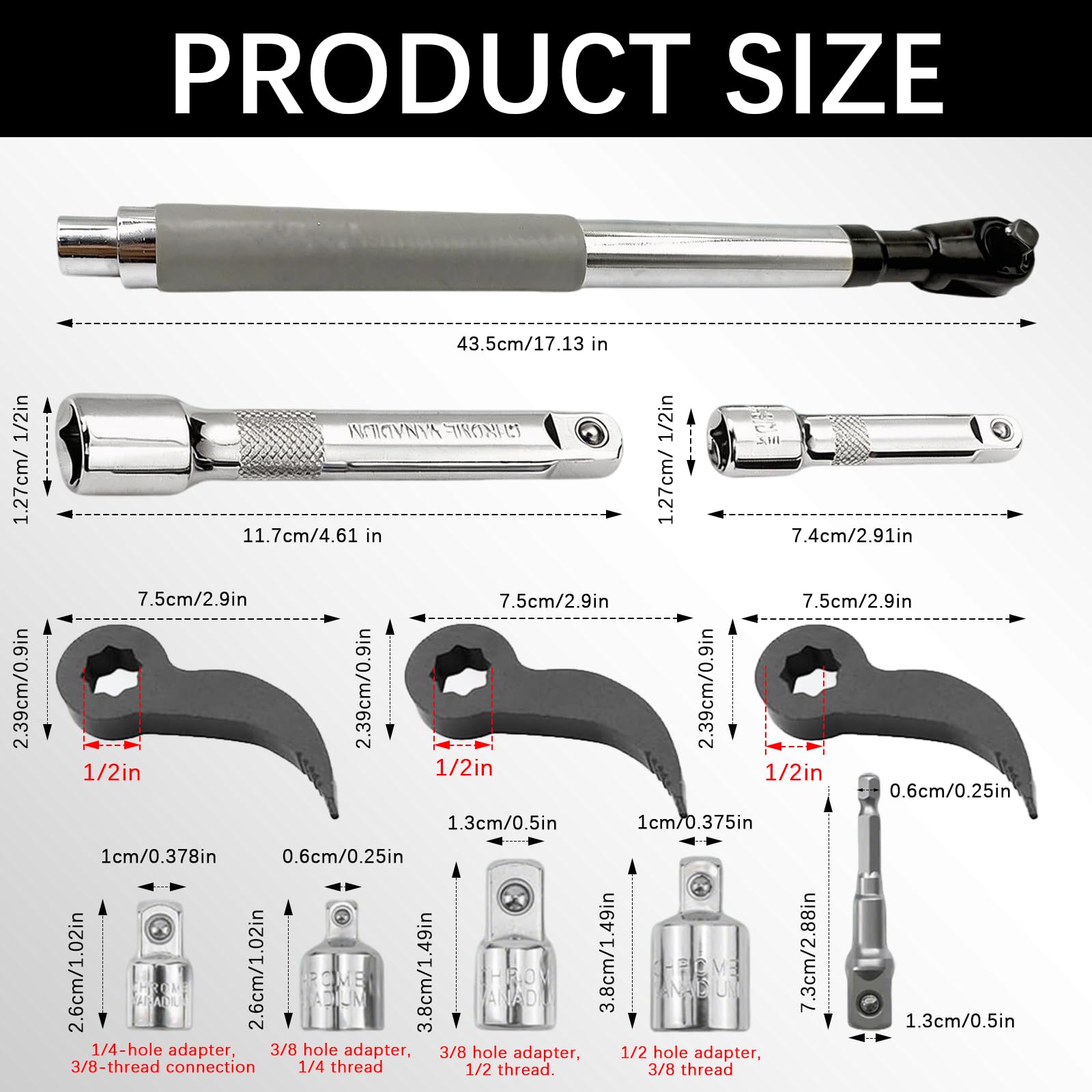 Prolunga Offset Pronte, Offset Extension Wrench, Chiave di Estensione Sfalsata con Adattatori da 1/2", 1/4" e 3/8", Prolunga Chiave a Cricchetto per Meccanici Artigiani del Garage Riparazione Auto