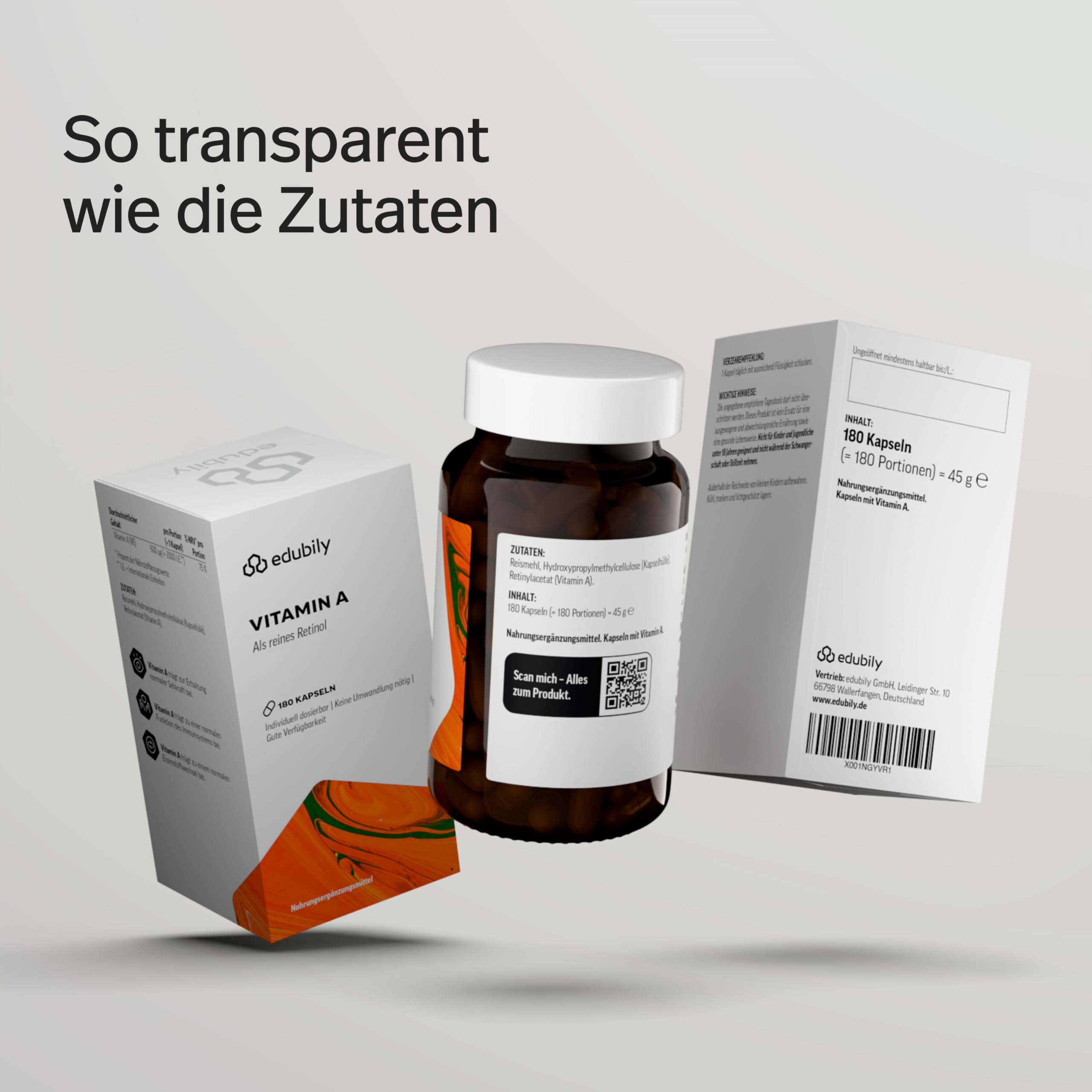 edubily® Vitamin A Retinol - Vitamin A Kapseln als Retinol für die tägliche Ergänzungsroutine - mit 2000 I.E. Retinylacetat pro Kapsel - Laborgeprüft - 1 Kapsel täglich (180 Kapseln, vegan)