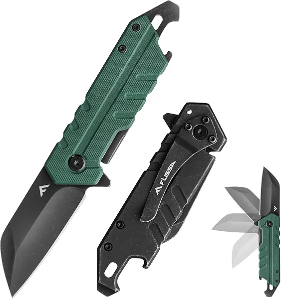 FLISSA Folding Knife, 4" Small Pocket Knife with Bottle Opener and Slotted Screwdriver, Dual Craftsman Handle, EDC Pocket Knife for Hunting, Survival, Camping and Outdoor Activities Green