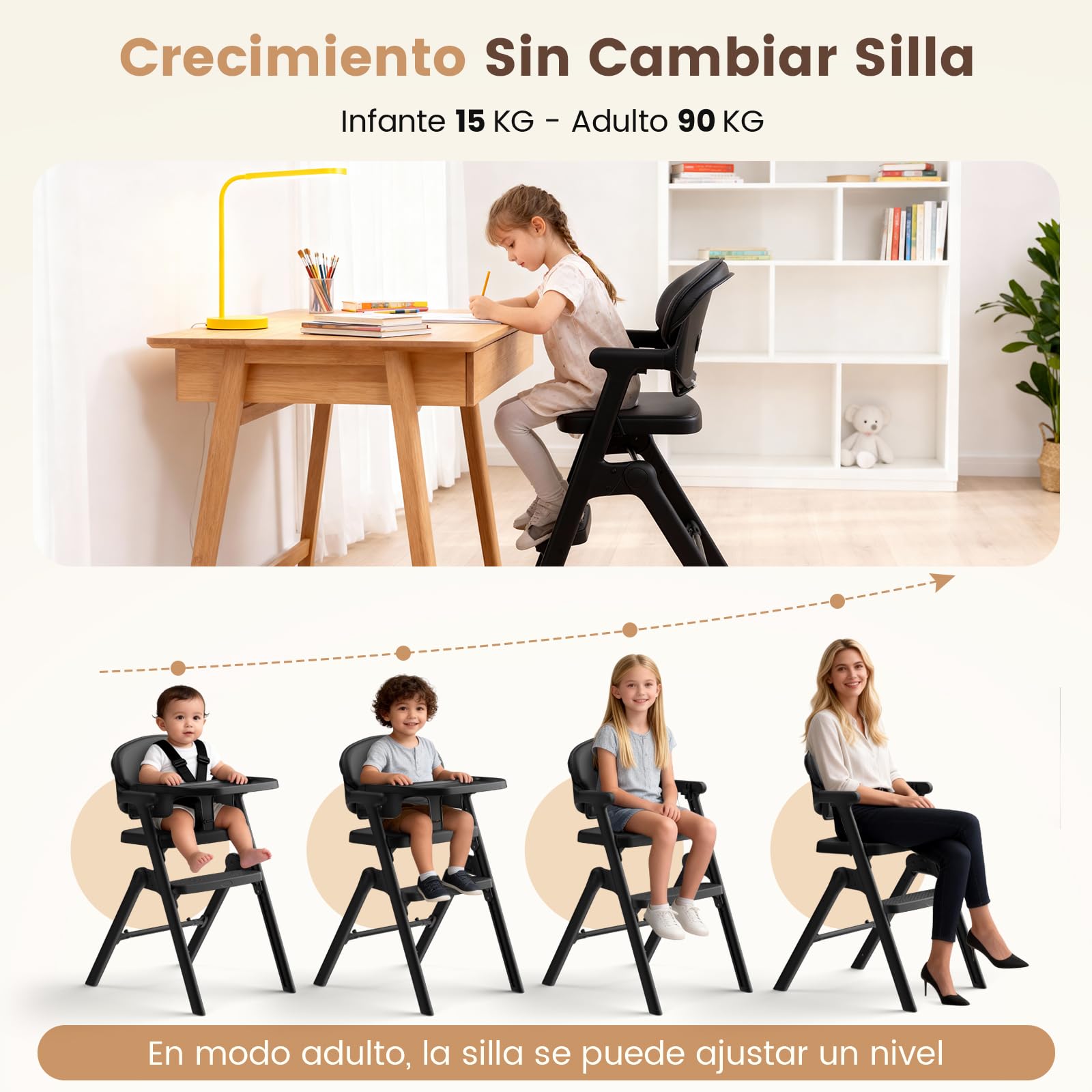 Trona Evolutiva Bebé-Plegable, Tronas de Bebe Regulable, 6 Meses-90 KG, con Bandeja/Cojín/Arnés de 5 Puntos/Bandeja, Tronas Evolutivas Fácil de Limpiar, Ergonómica (Negro)
