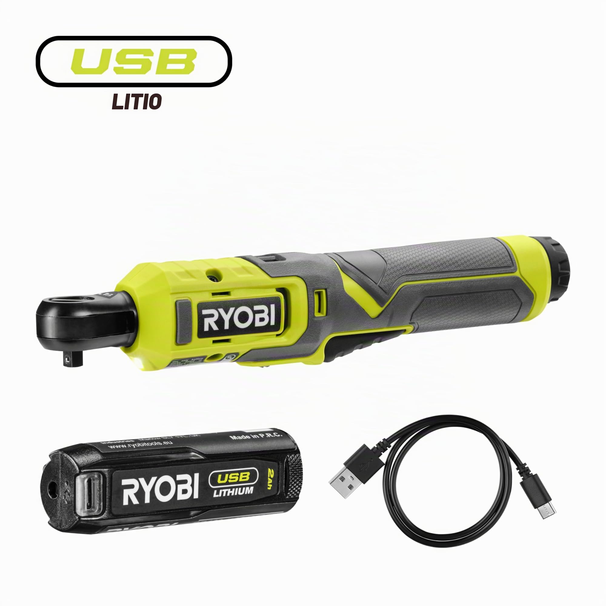 RYOBI RR14W4-120G, Avvitatore a Cricchetto con Batteria 4V USB al Litio 2.0Ah, Ideale per Avvitare e Svitare Piccoli Bulloni e Dadi, Velocità 210 giri/min, Velocità Regolabile, Cavo USB Incluso