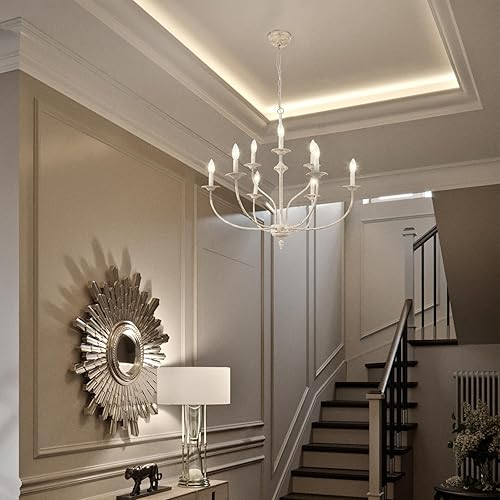 Miniatura 4 de Maxax Candelabro de campo francés, lámpara de araña blanca antigua de 2 niveles y 9 luces, lámpara colgante de vela rústica de 31 pulgadas para