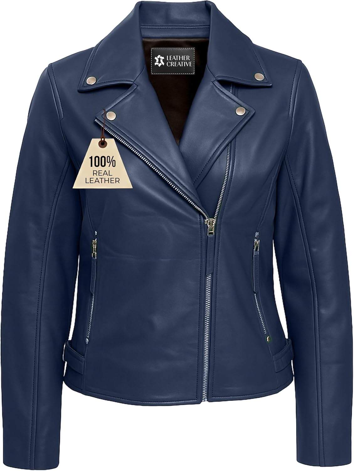Genuine Lambskin Leather Jacket For Women - Premium Motorcycle Crop Short Coat with Belt, Zipper & Pockets