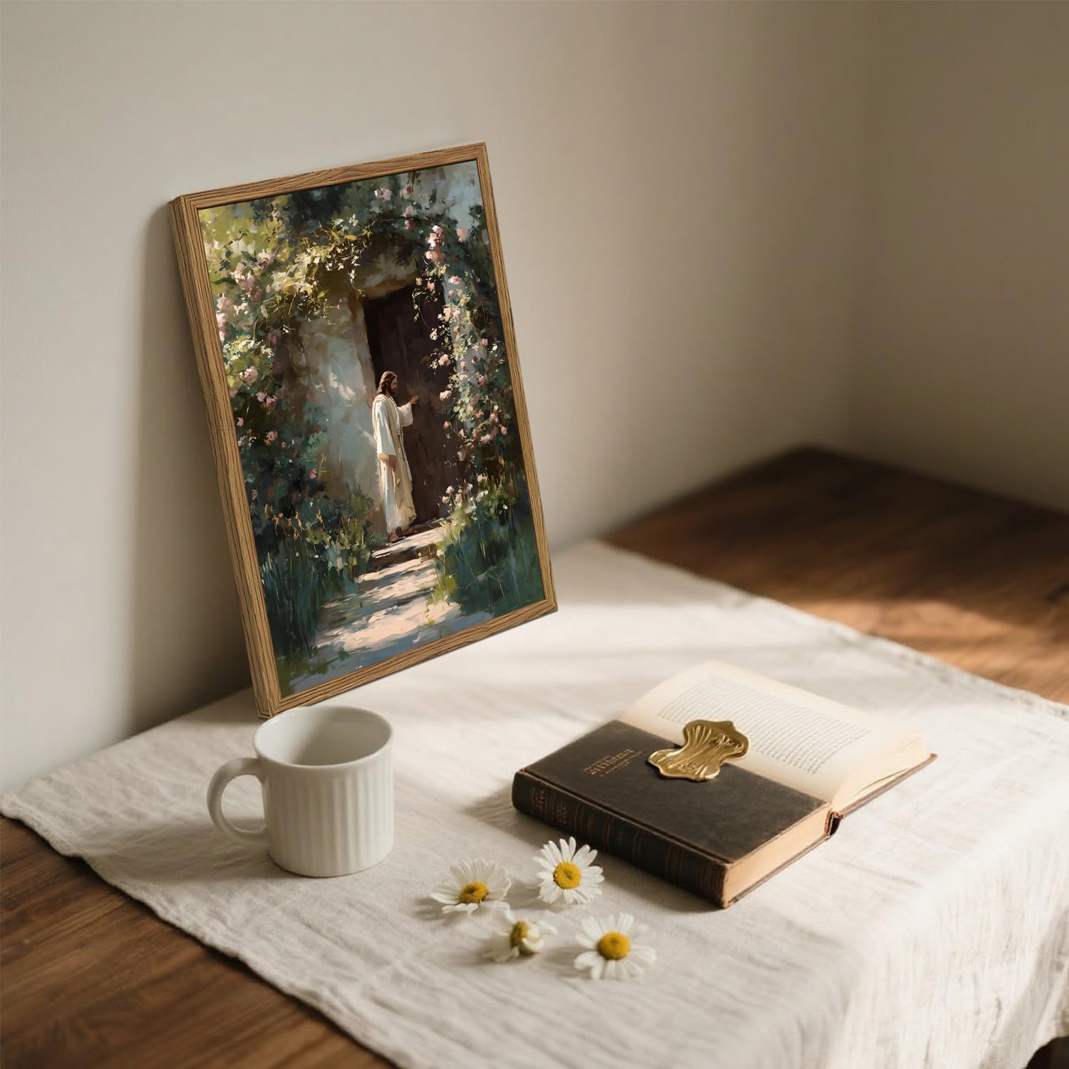 Jesus Knocking at the Door Wall Art Jesus Portrait Painting Wall Decor Bible Christian Religious Poster Canvas Prints Picture for Bedroom Living Prayer Room 12x16 inch Wood Framed