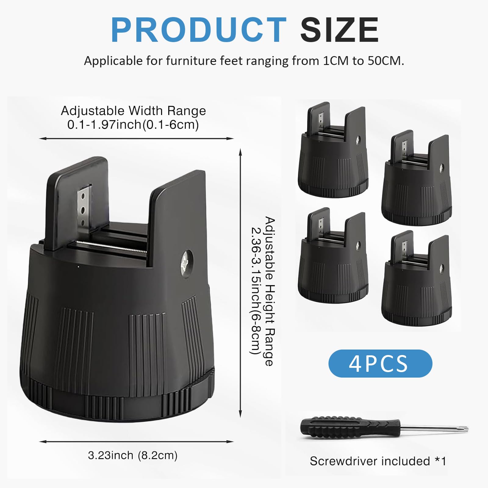 4 Piezas Elevador para Muebles 6-8 cm - Elevador Ajustable para Cama con Abrazadera de Tornillo para Patas de 10-50mm - Elevadores Robustos para Cama, Sofá, Mesa y Silla - Incluye Destornillador