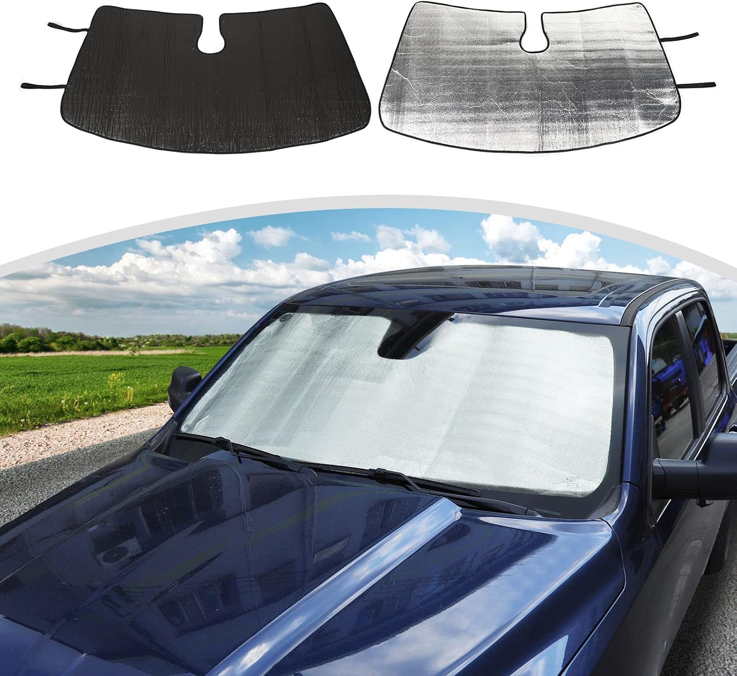 Linskip Custom Sunscreen Windshield Sunshade for 2018-2023 RAM 1500, Sun Shade Interior Accessories, Reflective Outer Layer Sun Visor