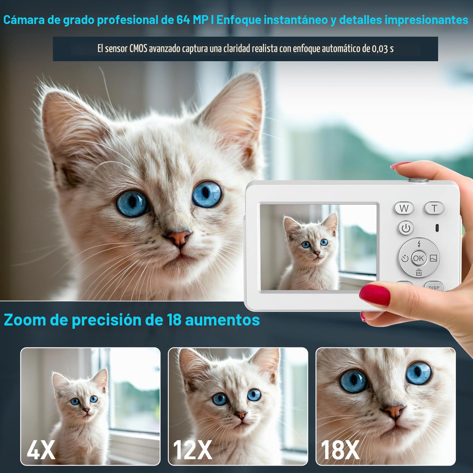 Cámara Digital, Cámara Compacta Digital 4K de 64 MP, Tarjeta de 32 GB, Antivibración, Zoom de 18 Aumentos, Cámara para Vlogs para Adolescentes y Adultos Principiantes (Rosa Blanco)