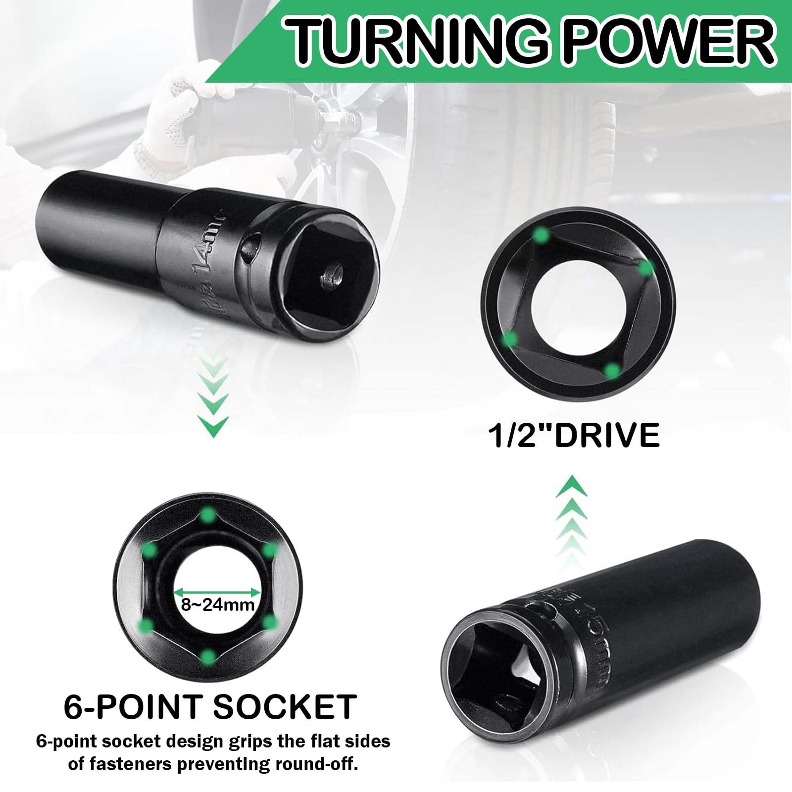 Set di 14 Pezzi Chiave a Bussola Lunga 1/2" Pollice (8-24mm) con Cricchetto e Valigetta, Kit Chiavi a Bussola, Set Bussole a Impatto 1/2" per Riparazioni Auto, Cambio Gomme