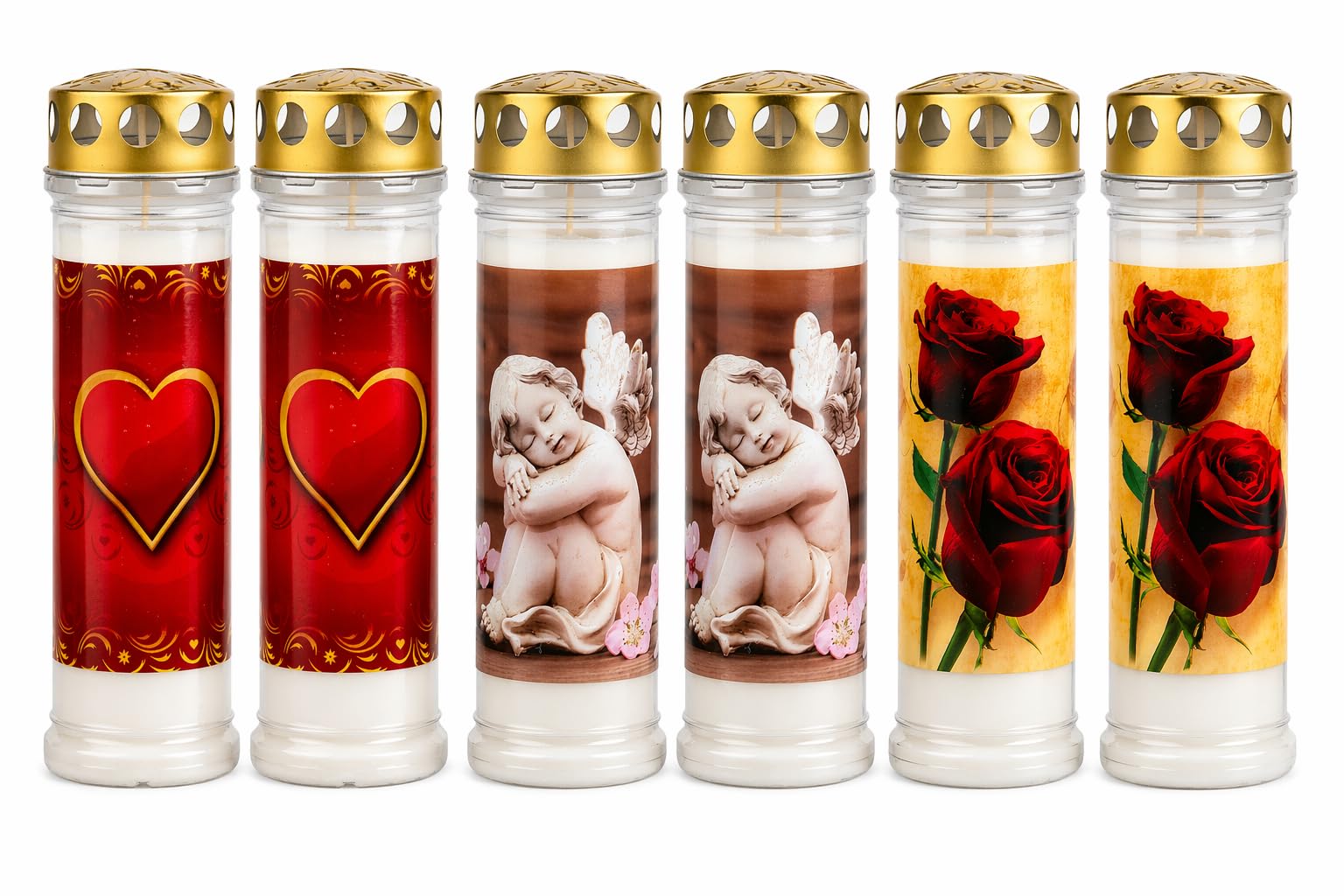 Grabkerzen 6er Set mit Motiv - 7 Tage Brenndauer Premium Friedhofskerze - Grablichter Wetterfest mit Deckel - Gedenklicht Engel Herz Rose - Trauerkerzen Dauerbrenner für Grabschmuck