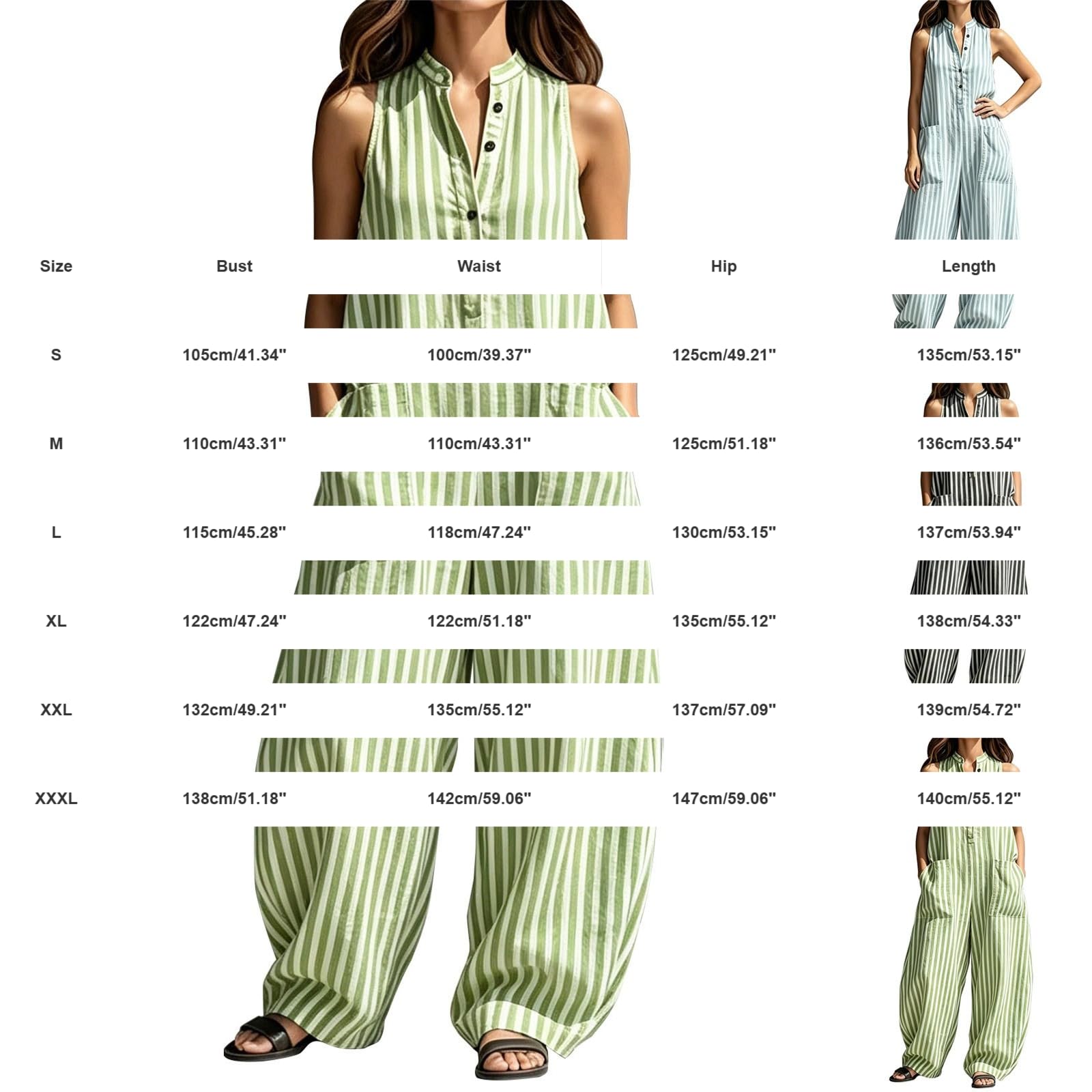 Generisch Tuta estiva da donna, lunga, a gamba larga, senza maniche, elegante | Tuta intera, oversize, a righe, con grandi tasche, scollo a V, con bottoni, casual, per tutti i giorni