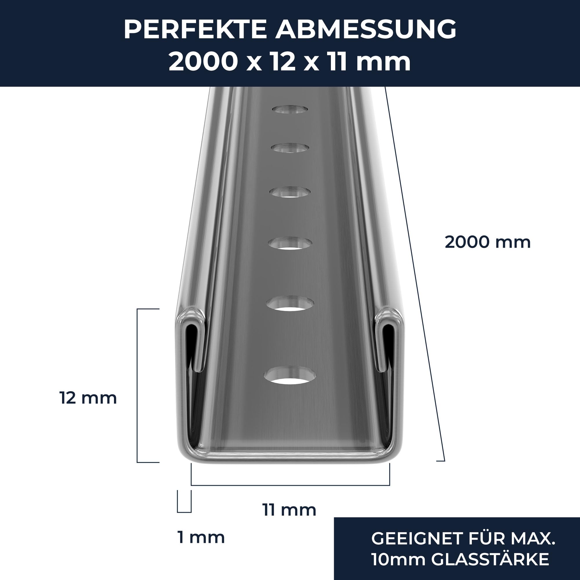 Profilo di raccordo a parete con guida per vetro 200cm x 12mm x 11mm | Profilo a U in acciaio inossidabile, per lastre di vetro da 8mm, supporto parete doccia, fissaggio a parete vetro