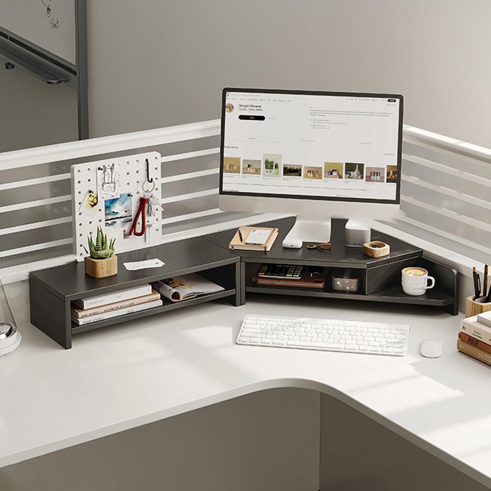 Support dangle double écran étagère rangement surélevée bois ergonomique coin bureau noir