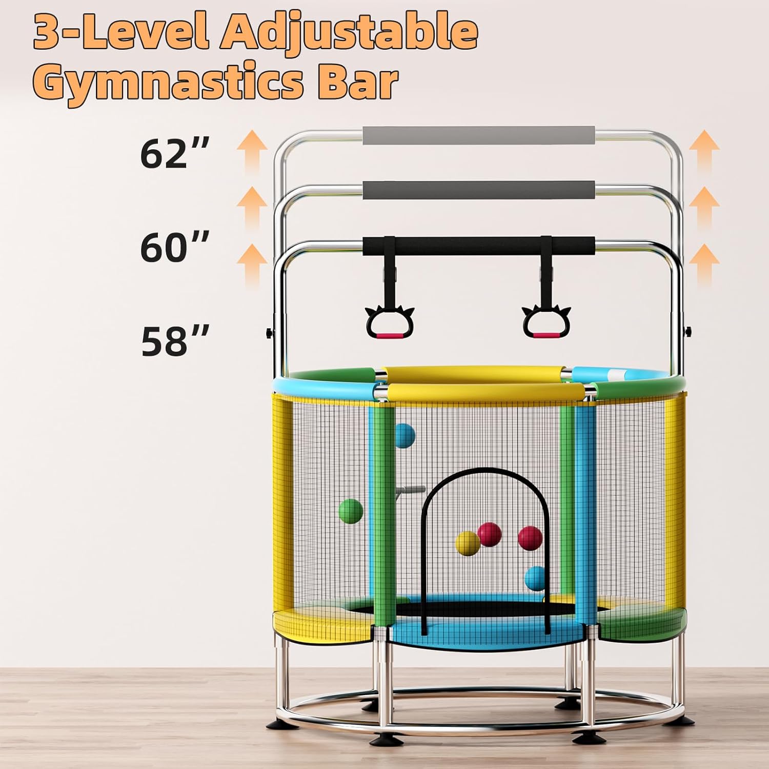 55 Trampoline for Kids,Up to 440 Ibs Mini Trampoline with Anti-Rollover Round Bottom,Indoor & Outdoor Toddler Trampoline with Safety Enclosure,Adjustable Gymnastics Bars,Basketball Hoop