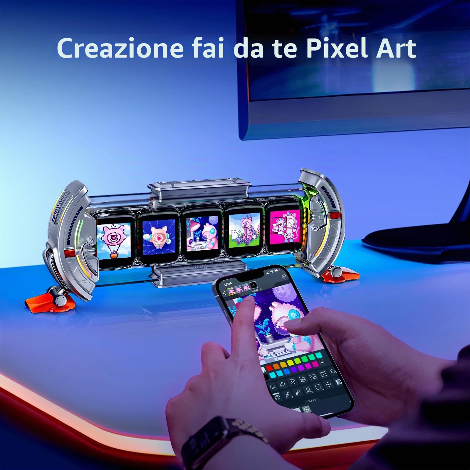 divoom Times Gate WIFI Pixel Art Display informativo, 5 pezzi 128 x 128 IPS, LED Digital Clock Lights Decorativo con App Controllo per Gaming Camera Tavolo Decorazione
