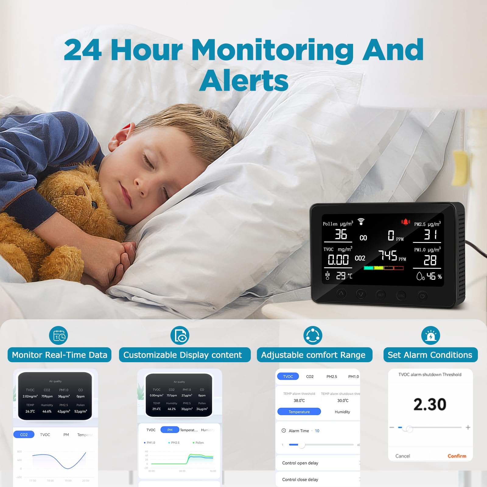 CF-30 Appareil de mesure de la qualité de l'air pour pollen, CO2, PM2,5, PM1,0, TVOC, température, humidité, CO2 avec grand écran LCD, application de configuration et historique des données