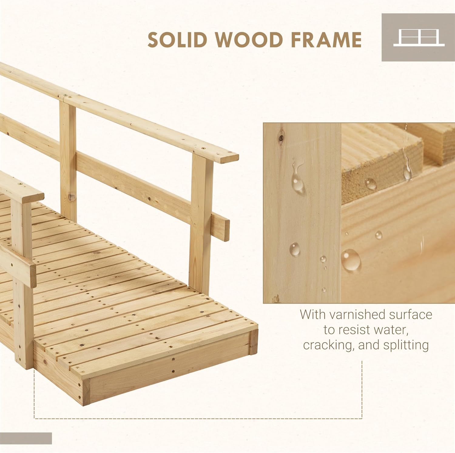 7' Wooden Garden Bridge with Safety Rails, Backyard Footbridge for Ponds, Creeks, Streams, Natural