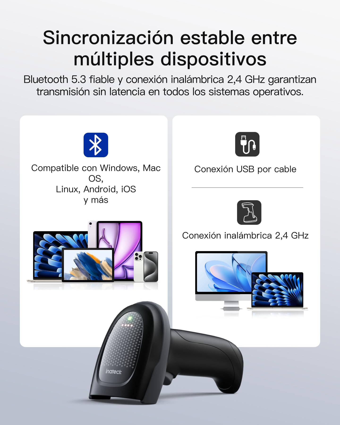 Inateck Lector de Códigos de Barras Inalámbrico 1D 2D QR PDF417, Alcachofa de Código de Barras con 2 Baterías Reemplazables de 2000 mAh, Compatible con Android e iOS, para Almacenamiento y Logística