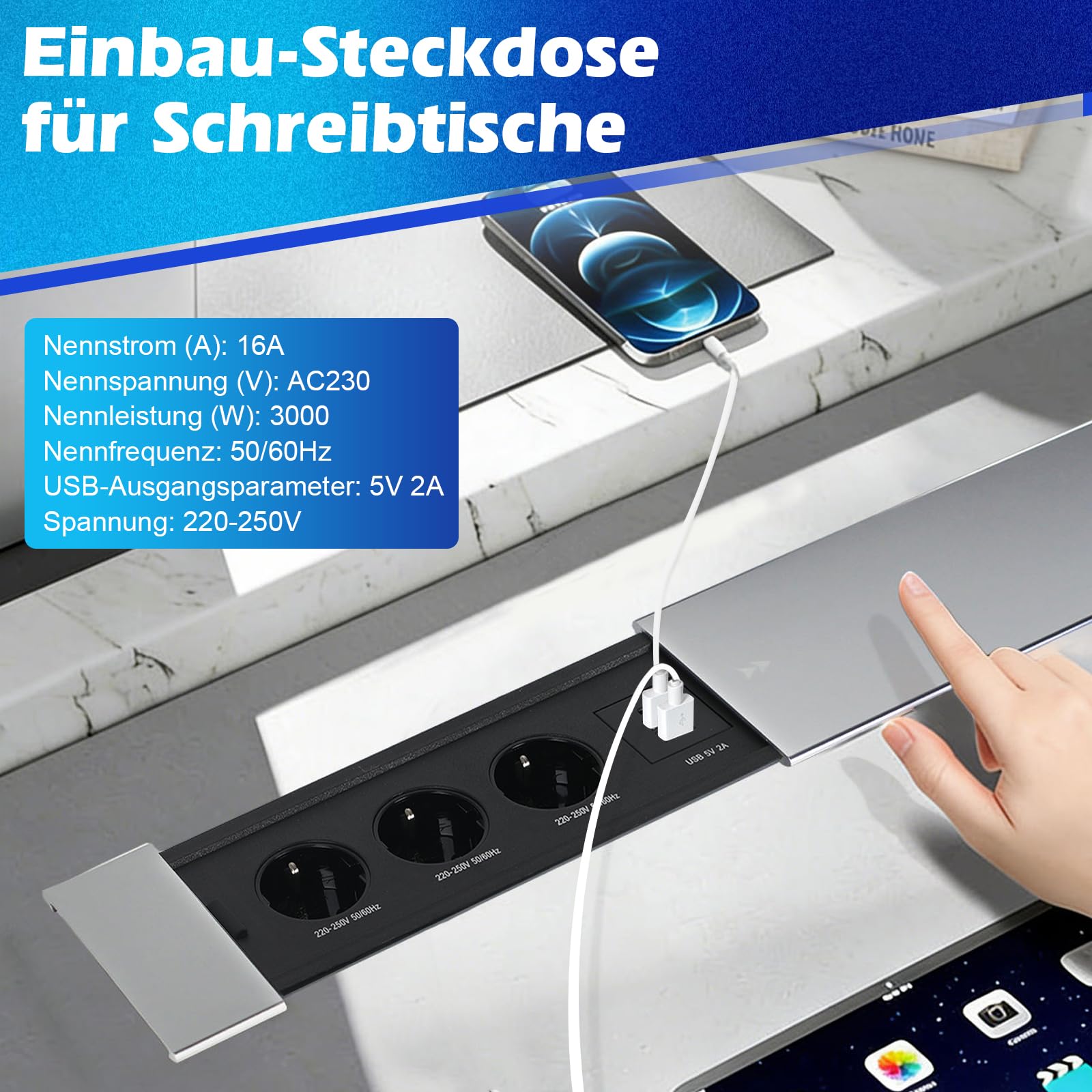 Presa a scomparsa, 3 scomparti con 2 USB A e USB C e coperchio scorrevole per scrivanie, tavoli da lavoro, tavoli da pranzo, cucina (argento, 3 scomparti)