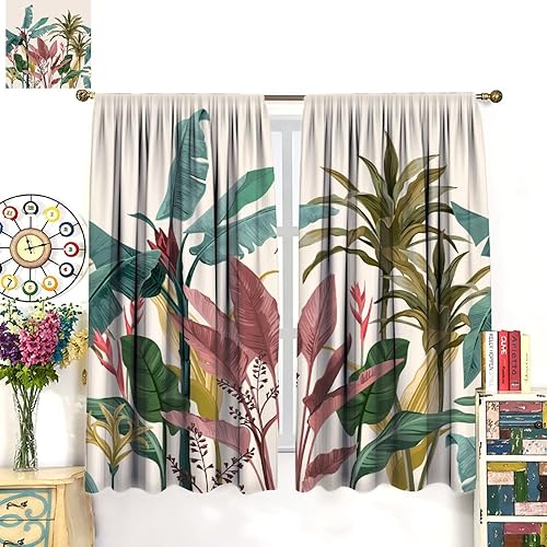 Miniatura 3 de Cortinas de hojas tropicales y flores, estilo retro, hojas de plátano verde, con diseño de paisaje tranquilo, bolsillo para barra, cortinas opacas