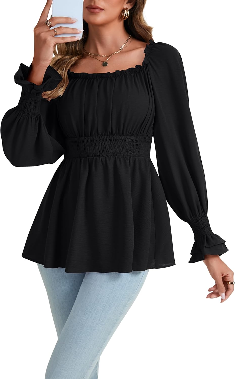 Rooscier Women's Flounce Long Sleeve Square Neck Shirred Frill Ruched Peplum Babydoll Blouse Top - Image 2