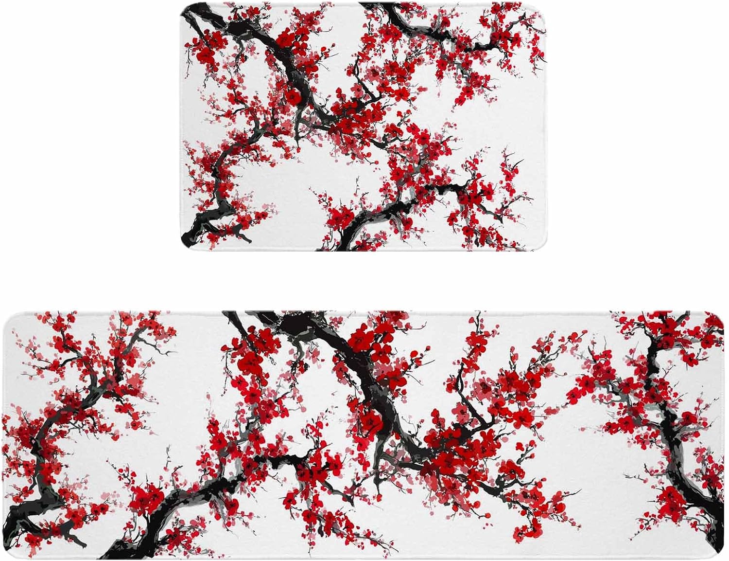 Red Plum Kitchen Rugs and Mats Set of 2, Non-Slip Kitchen Sink Mat, Nature Flowers Branches Chinese Painting Washable Doormat Bathroom Rugs Runner for Bedroom/Living Room 15.7"x23.6"+15.7"x47.2"