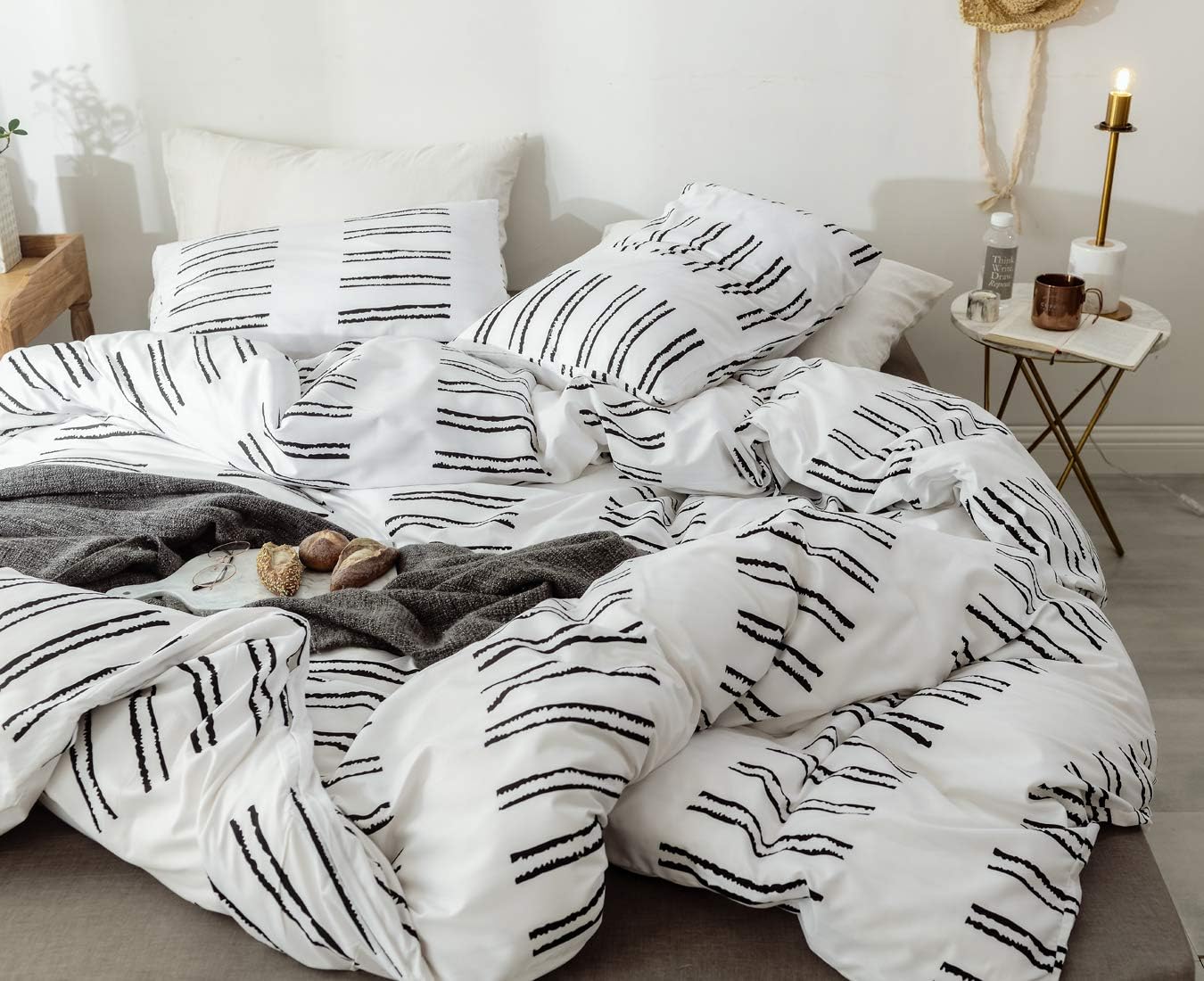 JANZAA 3 PCs White Duvet Cover Set, Microfiber Soft Stripe Duvet Cover Queen with Pillow Cases (White, Queen)