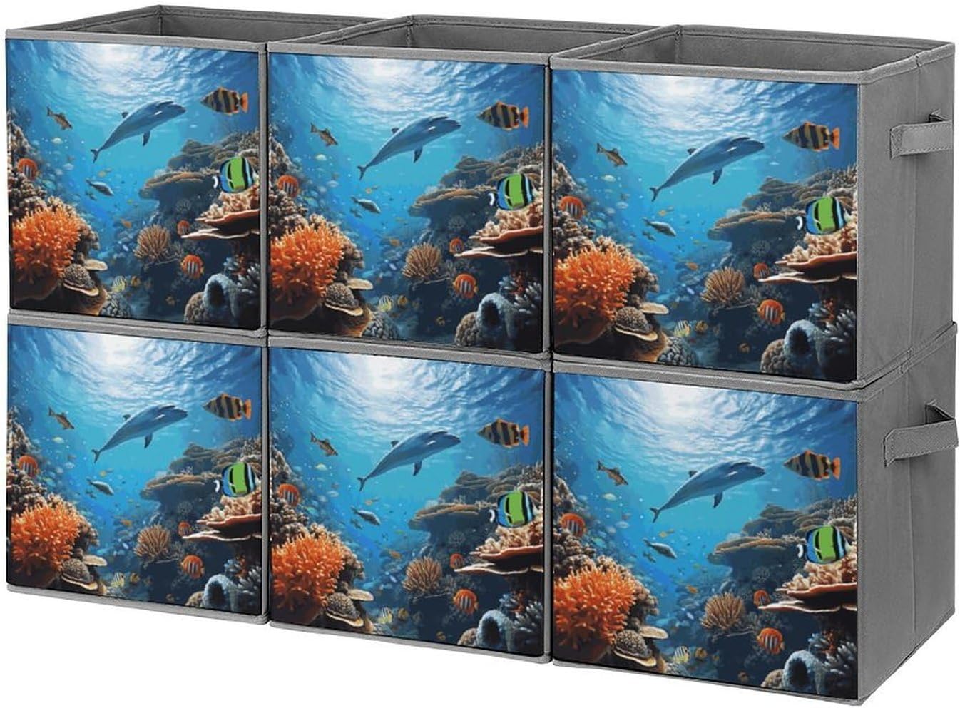 Ocean Sea Seabed Coral Fish Storage Cubes Set of 6 Storage Bins with Handles Collapsible Storage Basket Fabric Storage Box for Shelves Large Closet Shelf Organizer for Organization 11 Inch