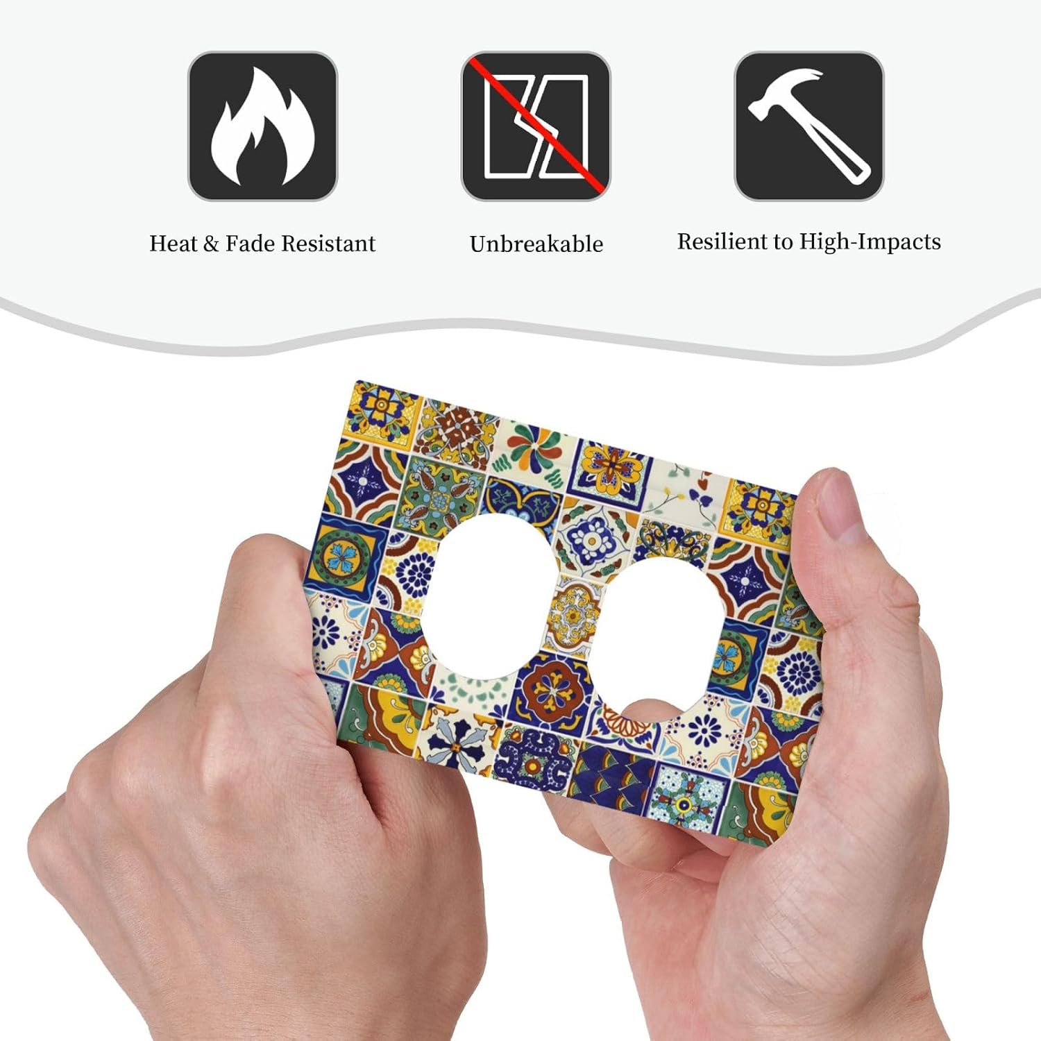 Blue/Yellow Mexican Tile 1 Gang Receptacle Wall Plate Duplex Outlet Covers Vintage Kitchen Moroccan Sun/Moon Mosaic Tiles Bricks Pattern Decorative Single Device Switchplate Face Wallplate Cover