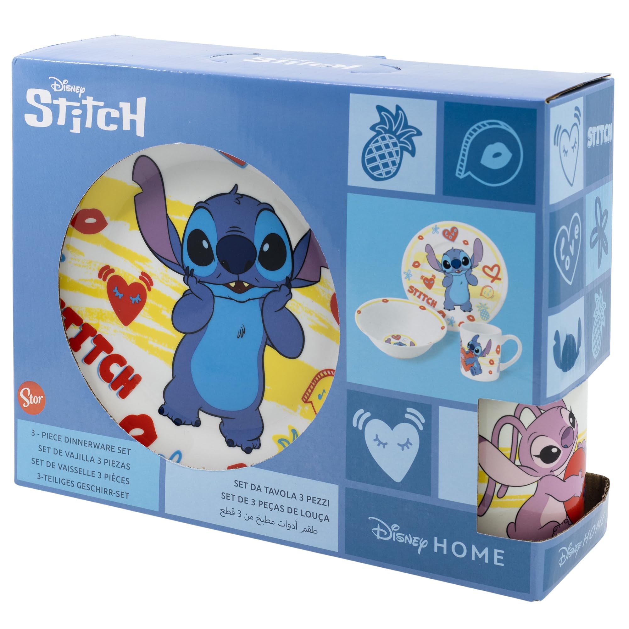 STOR Set Stoviglie Bambini Stitch - Piatto, Ciotola e Tazza in Ceramica - Servizio Completo Confezione Regalo per Bambini