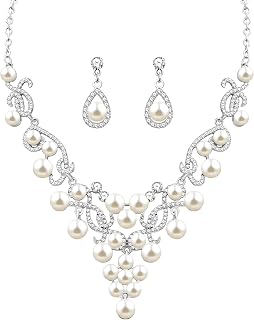 Pearl Necklace Earrings Set for Women | Alloy Water Drop Flower Design Jewelry Set with Crystal Zircon | Elegant Fashionable for Brides Wedding Dresses Birthday