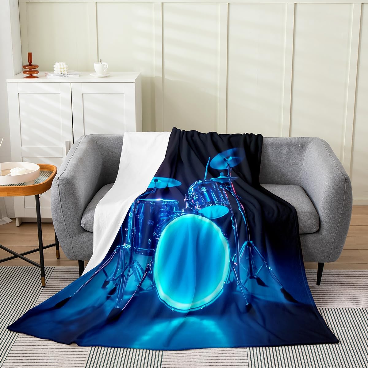 Erosebridal 3D Drum Kit Flannel Blanket Blue Light Drum Kit Fuzzy Plush Throw Rock Musical Instrument Fleece Blanket for Kids Boys Girls,Rock Music Theme Decor for Bed Couch Queen 90"x90"