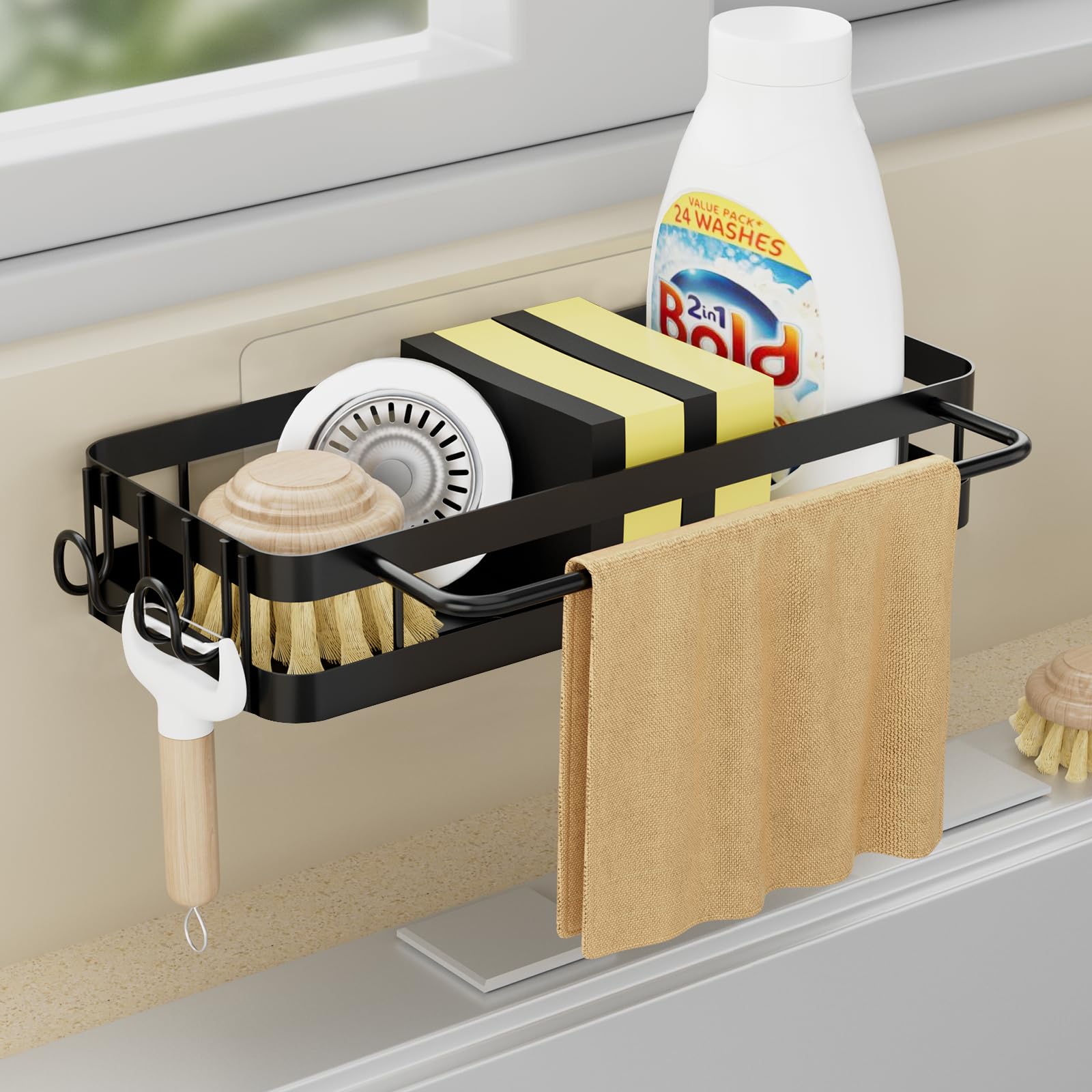 Spülbecken Organizer Küche Schwammhalter, Küchen Spüle Organizer mit Spültuchhalter und Zwei Haken, Metalle Hängender Kitchen Badezimmer Organizer Schwarz - ohne Bohren