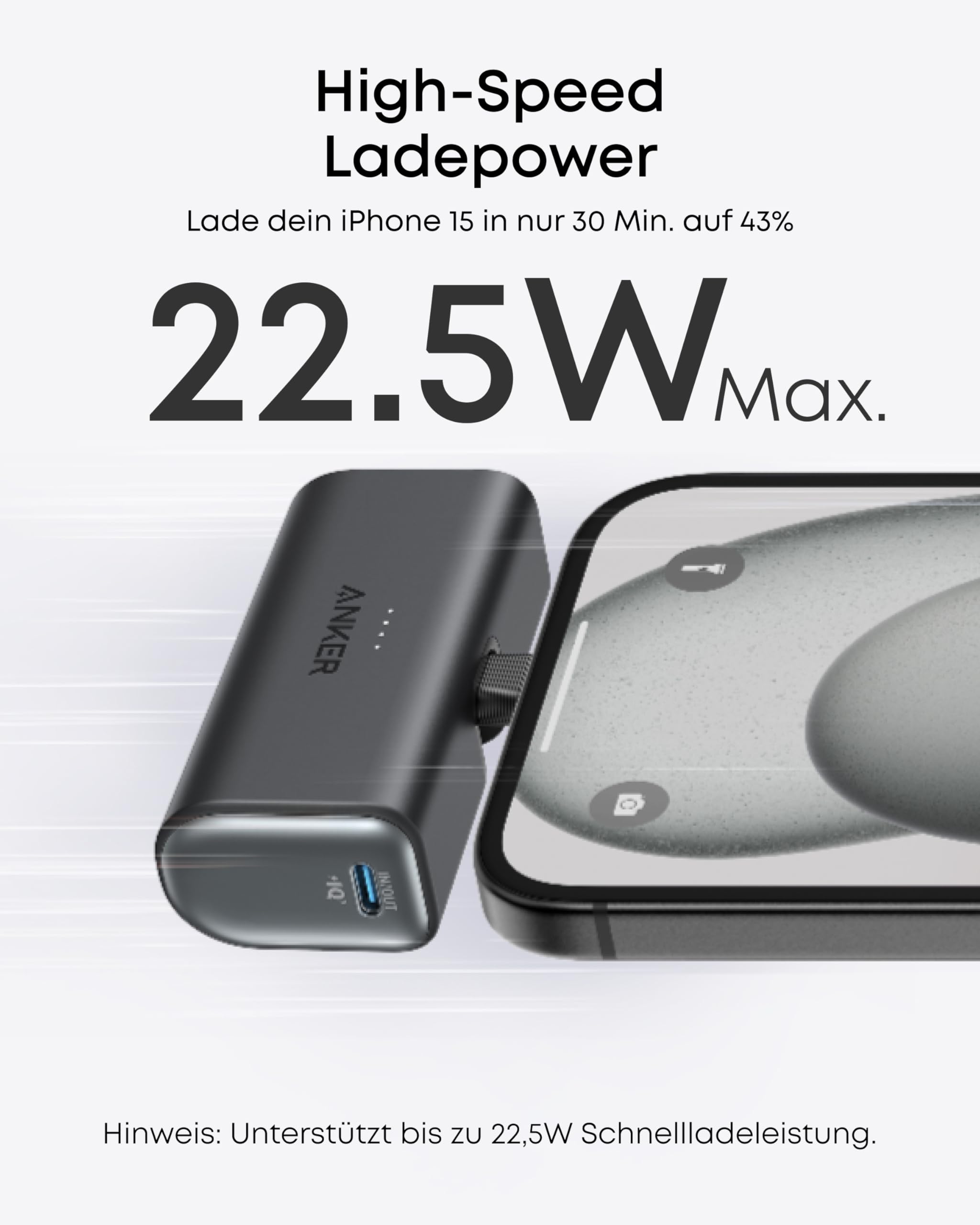 Anker Nano Powerbank, 5000mAh Powerbank 22.5W, Integrierter Faltbarer USB-C Konnektor, Kompatibel mit iPhone 17/16/15, Samsung S22/23 Serie, Note20 Serie, Huawei, iPad Pro/Air, AirPods und mehr