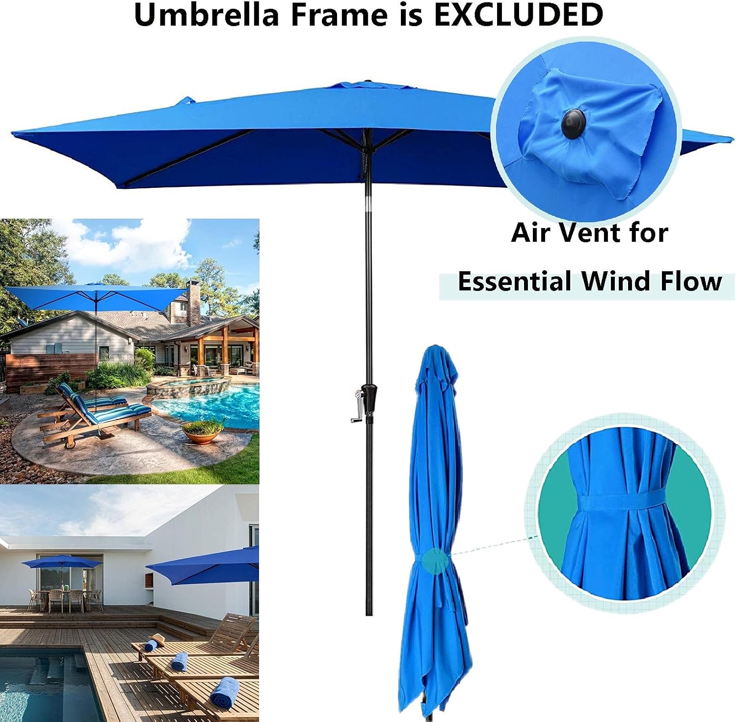 6 Ribs Rectangular Patio Umbrella Replacement Canopy, Replacement Umbrella Canopy Rectangle 10Ft X 6.5 Feet, for 10' Outdoor/Garden/Pool/Deck/Yard Shade Umbrella Blue (Canopy Only)