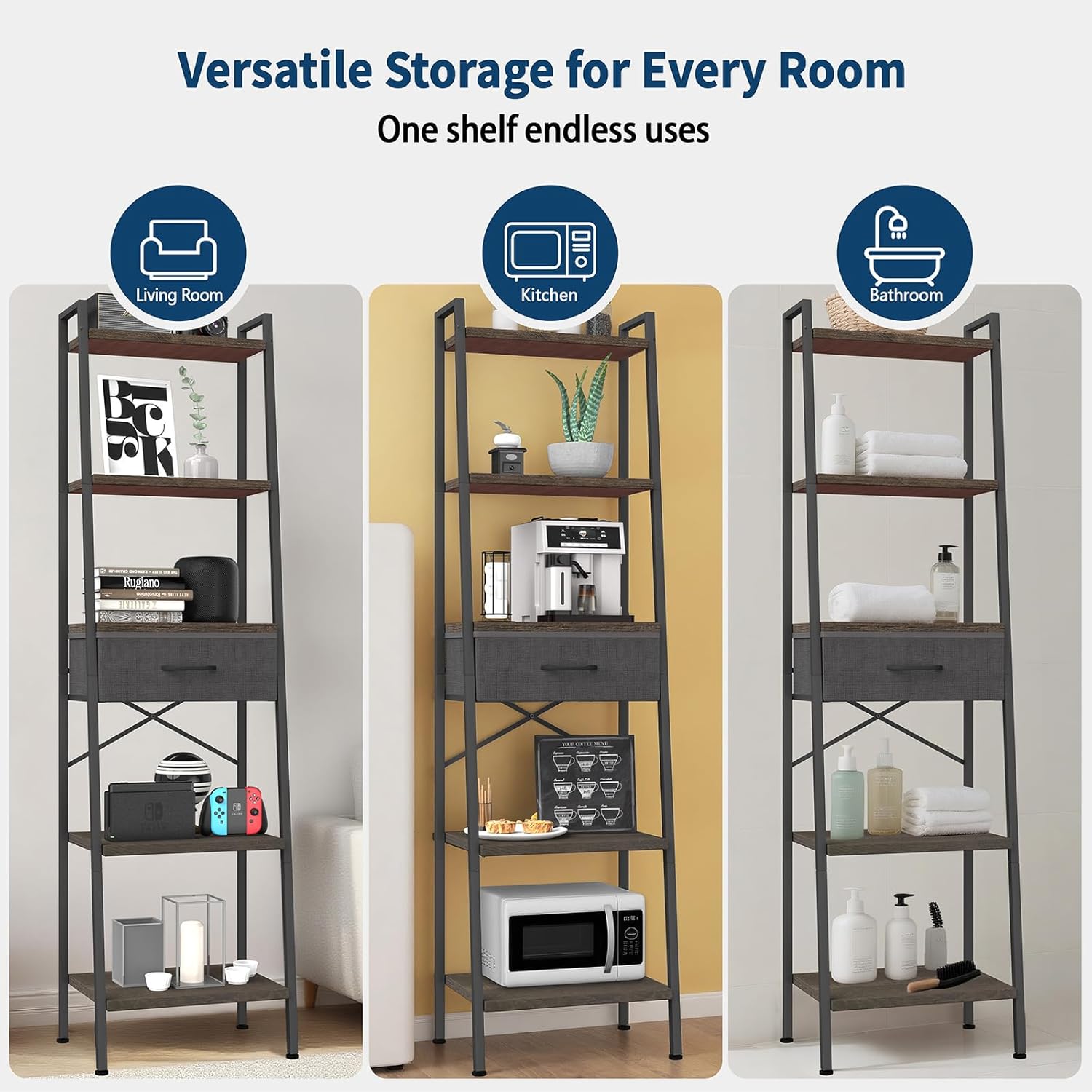 Whitmor 5-Tier Ladder Bookshelf with Drawer, Tall Narrow Bookcase with Wood Shelves & Metal Frame, Modern Display Storage Shelf for Living Room, Bedroom, Bathroom, Kitchen, Black