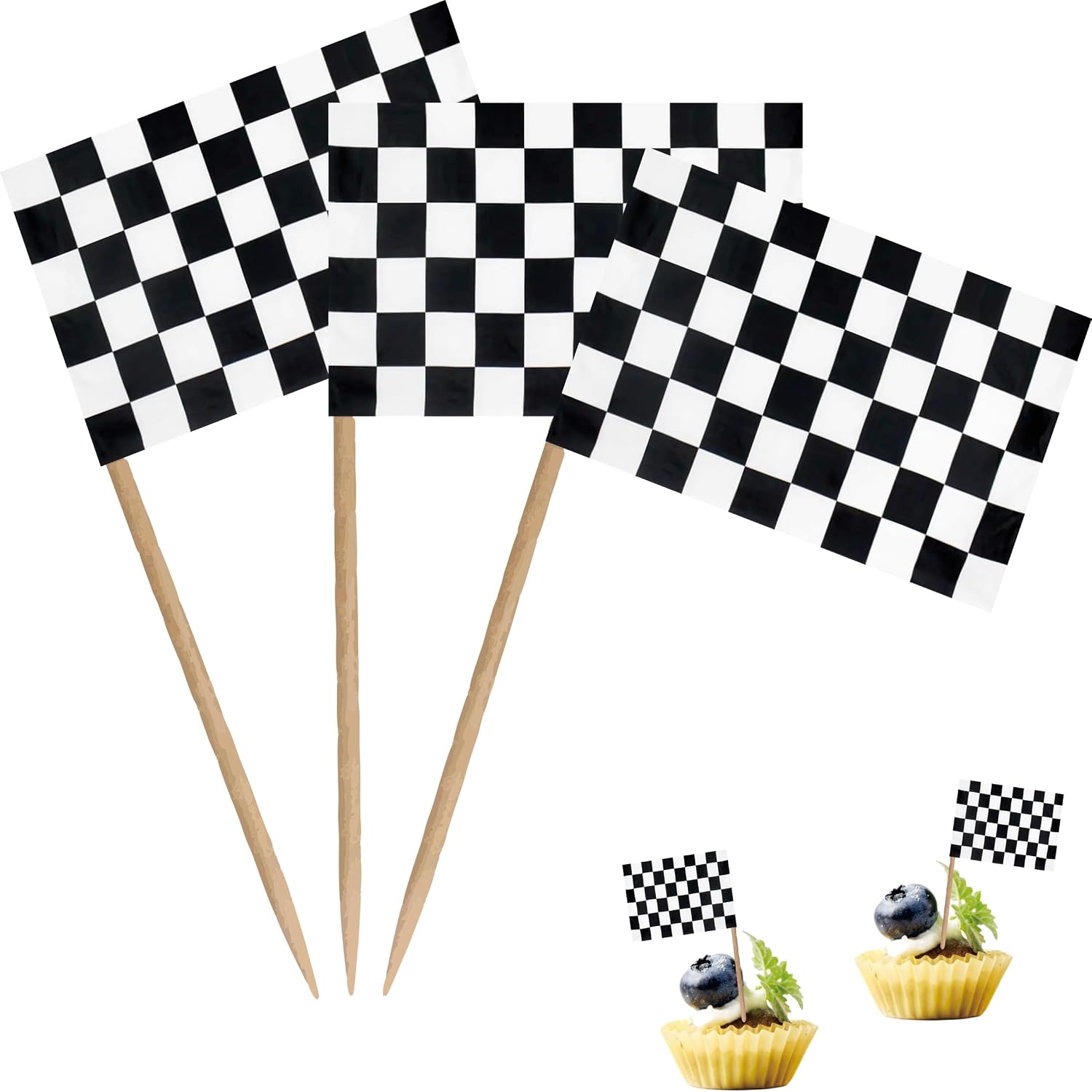 Checkered Black and White Racing Toothpick Flag Race Car Small Mini Cocktail Fruit Cupcakes Toppers Food Stick Flags Decorations,100 Pack