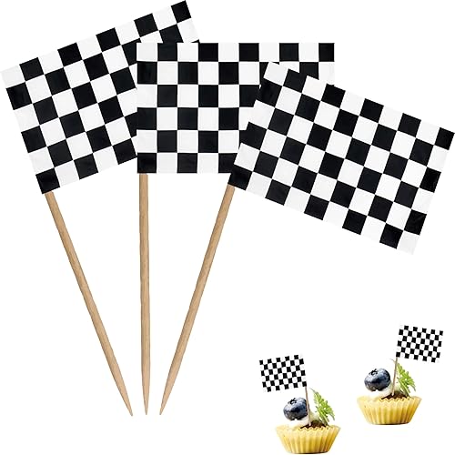 Bandera de palillo de dientes de carreras en blanco y negro a cuadros para auto de carreras, mini cóctel, cupcakes de frutas, decoración de
