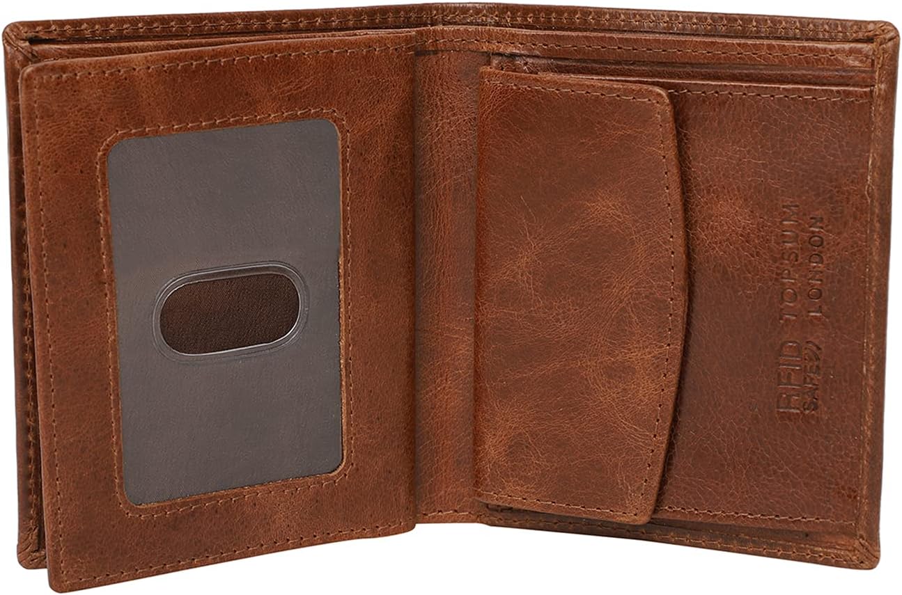 TOPSUM LONDON Mens RFID Blocking Real Distressed Leather Trifold Id and Coin Pocket Wallet for Men 4020 Tan