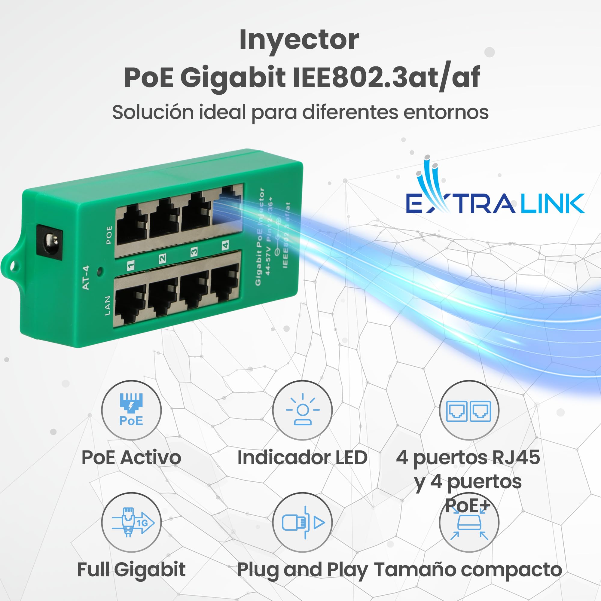 Extralink Inyector PoE 4 Puertos Gigabit 802.3at/AF, Mode A, Fast Ethernet, 4X 1000Mb/s, protección contra Cortocircuito y sobretensión, Puertos RJ-45, Adaptador PoE, PoE Injector, Adaptador PoE