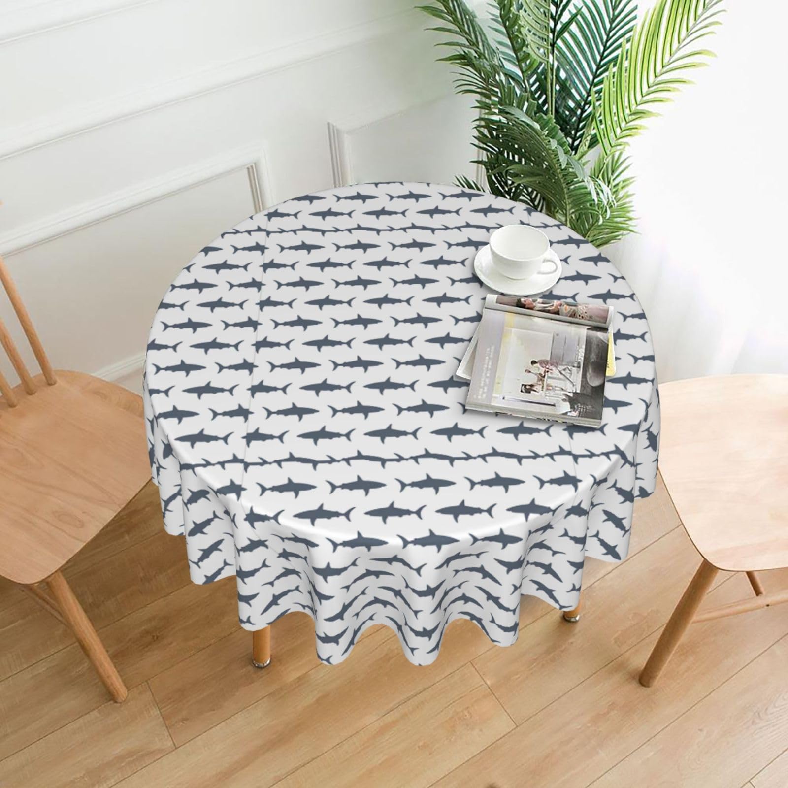 DEXNEL fish and shark Print 60'' Round Tablecloth Retro Polyester Washable Cover for 4-6 Seat Dining Table Boho Decor