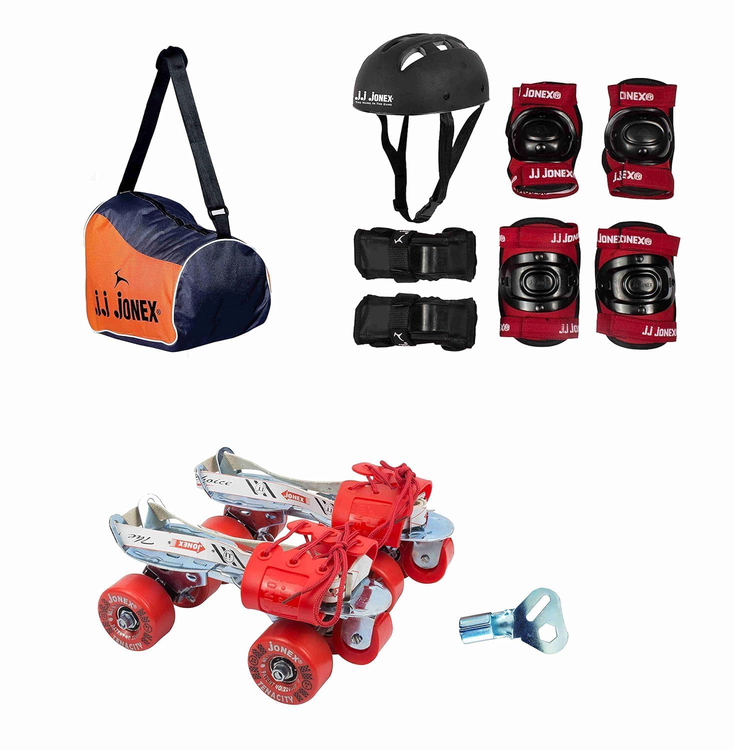 JJ Jonex Kids Adjustable Skates Combo Set with Helmet, Knee & Elbow Pads, Gloves, Bag, Key – Black/Red – Suitable for Age 6-11 Medium Size