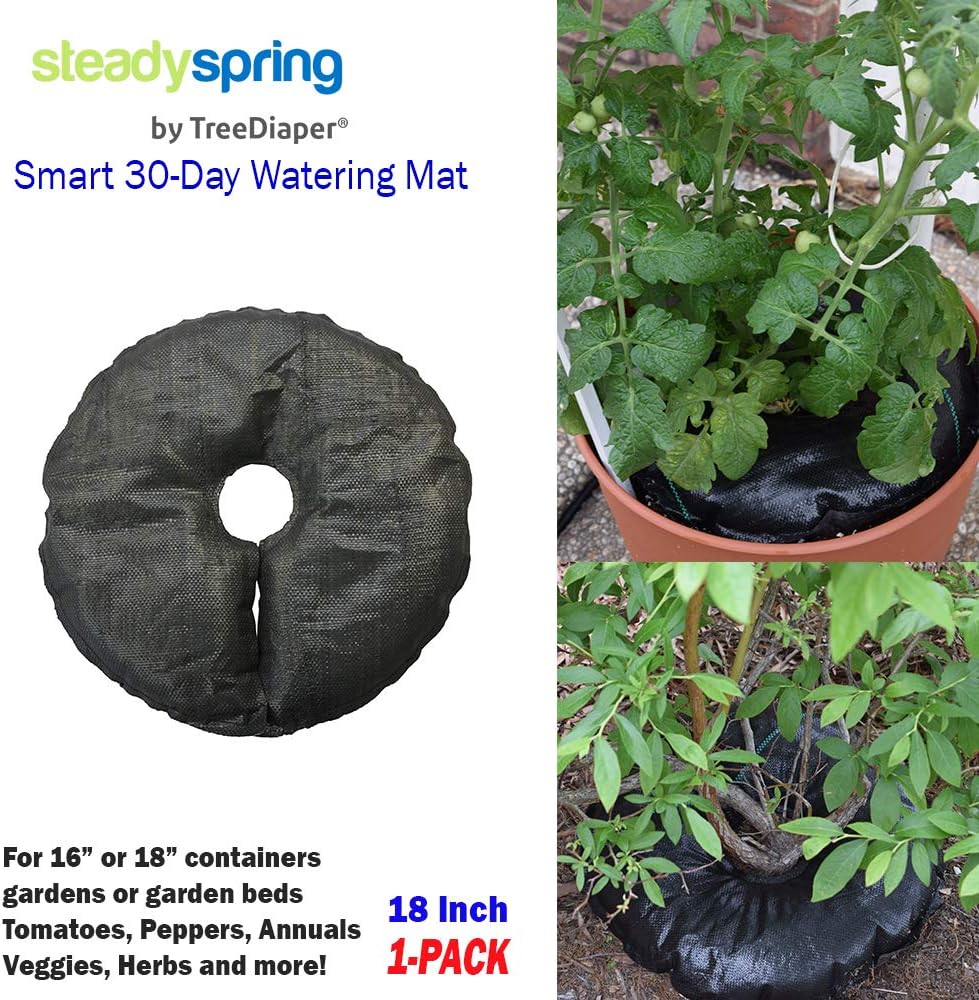 SteadySpring(R) Smart 30+Day Watering Mat Auto Refills with Rain for Tomato Plants, Peppers, Veggies, Perennials, Annuals in 1-2 Gallon Containers or with a 7 in to 10 in Root Ball (4)