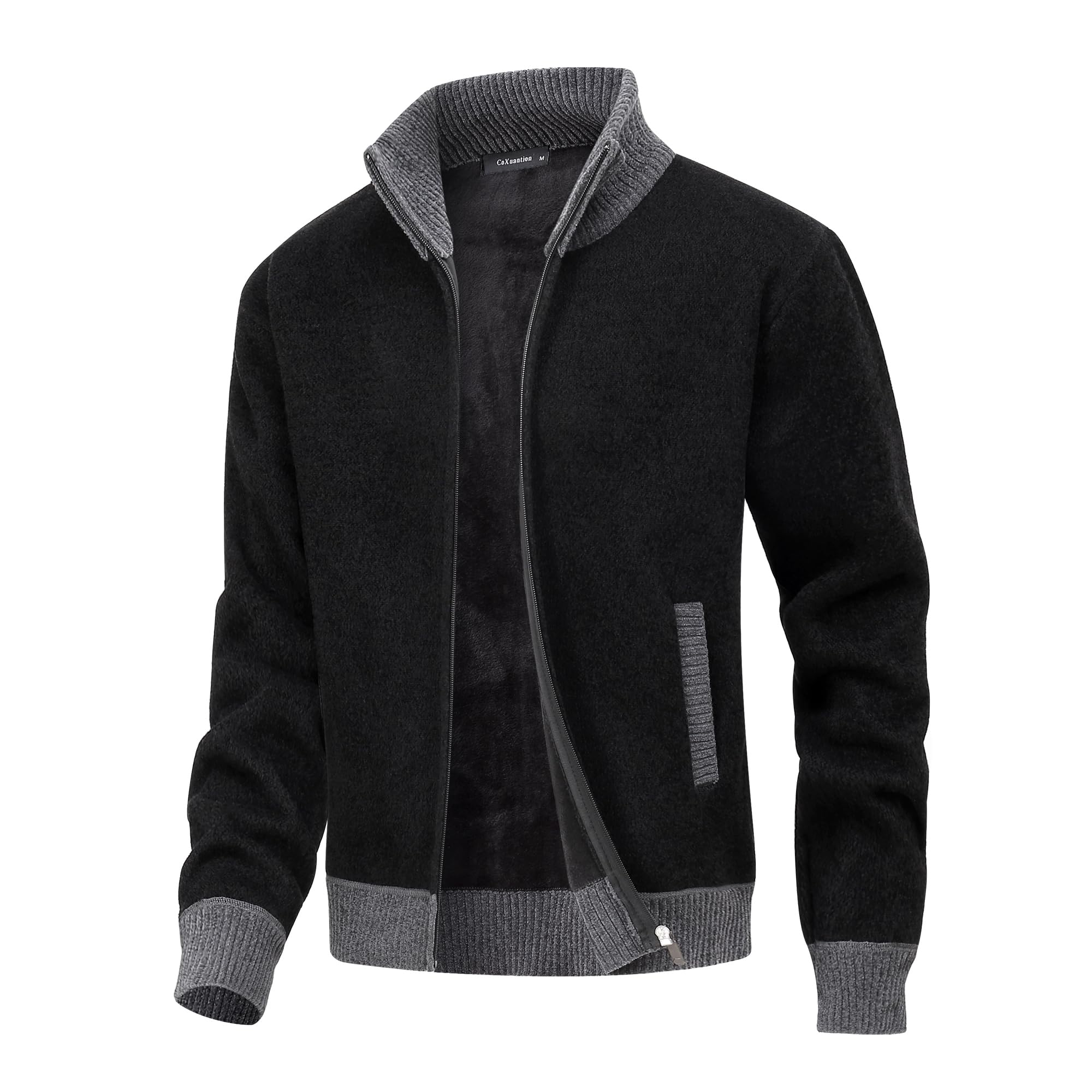 Herothorn Gebreide trui voor heren, lange mouwen, opstaande kraag, gebreid, met kabelsteek ritssluiting, fleece jas, gebreide sweater, Hellgrau (stad), XL