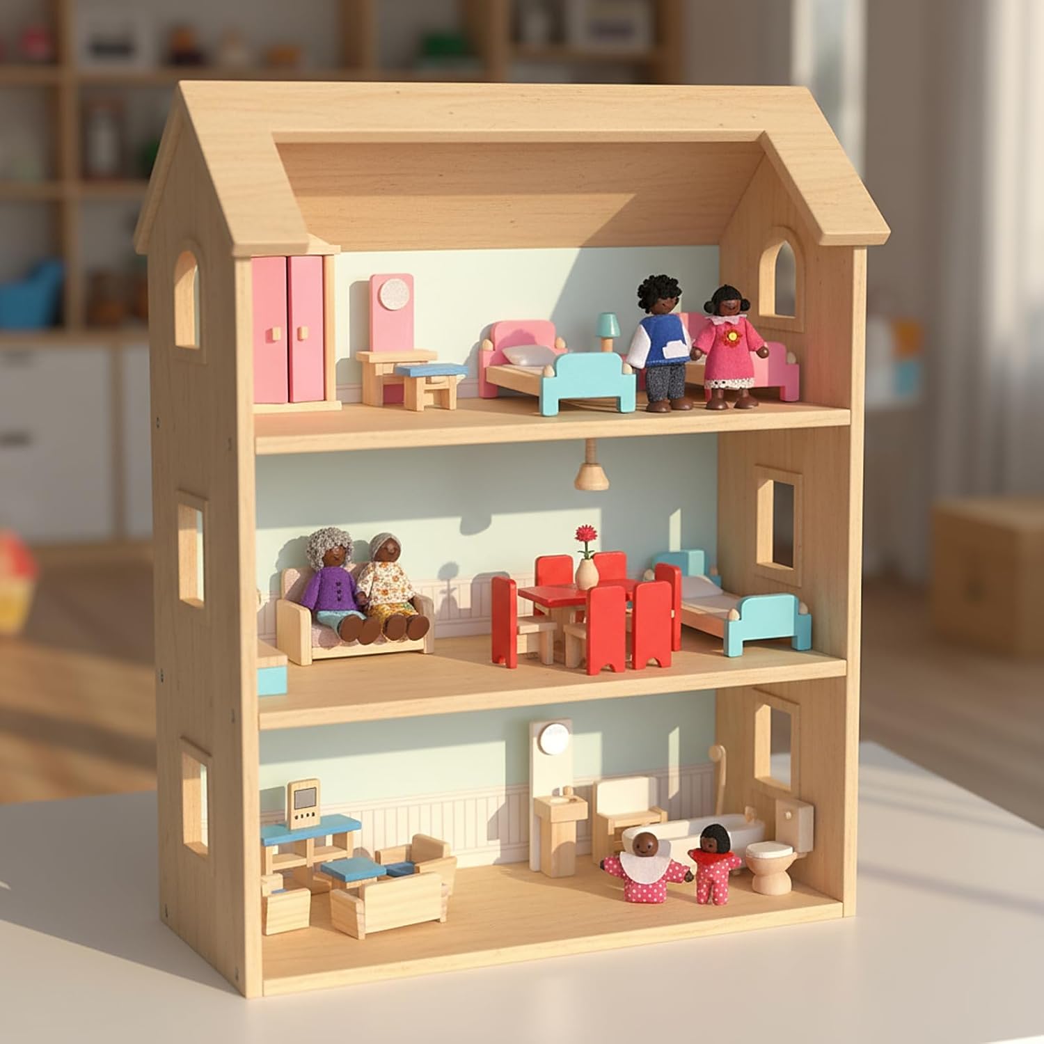Sumind 35 Pcs Wooden Dollhouse Furniture and 8 African American Dolls Set for Inclusive Creative Play Fits Most 1 12 Scale Miniature Houses Easter Gift for Boys Girls