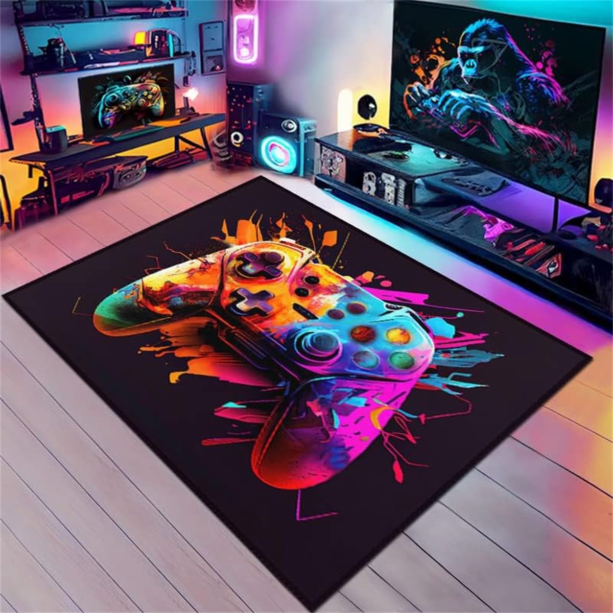 Tapis Chambre Ado Gamer 3D Tapis Sol Gaming Deco Chambre Garcon Enfant Tapis Salon Moderne Antidérapant Style Hip Hop Coloré Graffiti Console De Jeu Animé Flanelle Doux Carpets (Modèle 3,140x200cm)