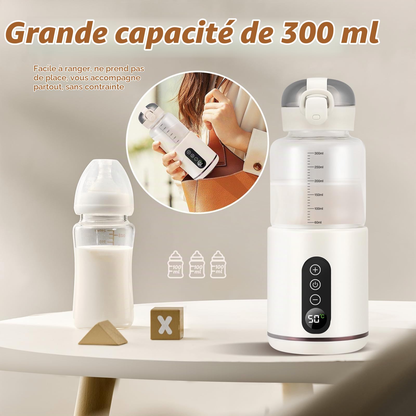 QCXWCJWD Chauffe Biberon Nomade Portable Température Réglable 37 à 55°C, 300ml Chauffe de Lait avec Ecran LCD, Chauffe biberon sans BPA pour Voyage Promenades Voiture, Blanc