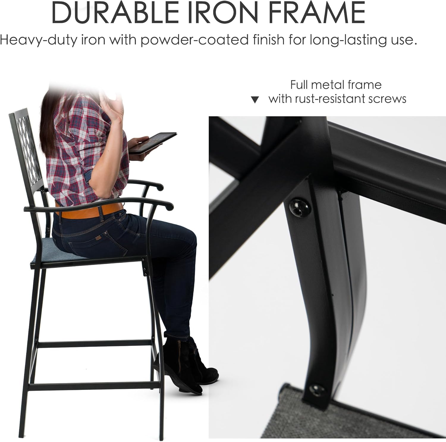 Kozyard Outdoor Bar Stools Set of 2, Patio Bar Chairs with Wrought Iron Frame & Textilene Fabric, Outdoor Counter Height Bar Stools for Patio, Poolside, Backyard (Navy Blue, Chair)