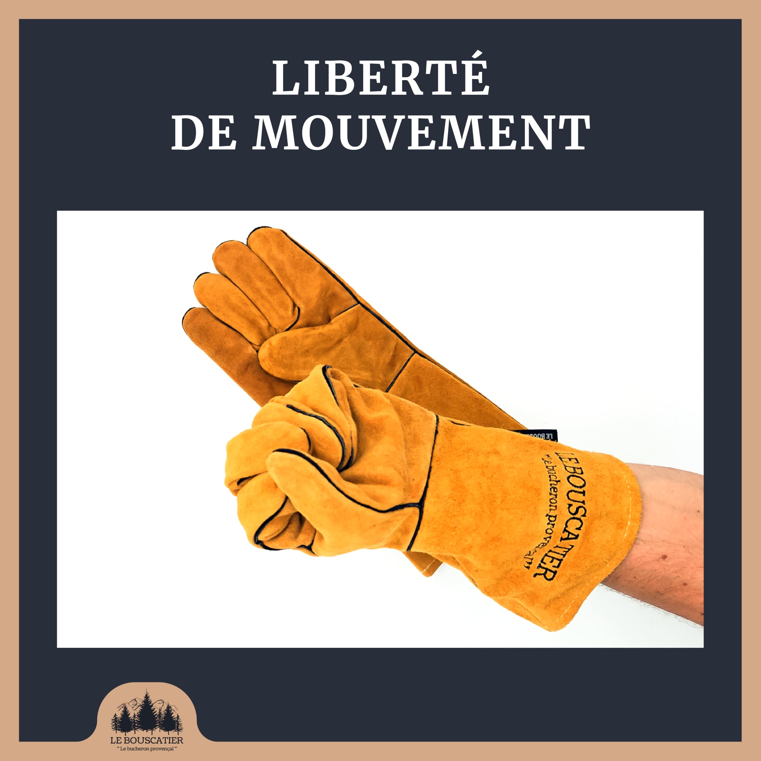 Paire de Gants camel de sécurité anti chaleur en cuir avec doublage intérieur pour poêle à bois, cheminée, barbecue, brasero et soudage. Résistant au feu, la soudure, le four, la cuisine (Camel)