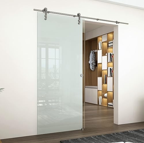 Miniatura 10 de DIYHD Puerta de granero de cristal de cierre suave de 6 pies, acero inoxidable, mecanismo de cierre suave, riel de puerta corrediza de vidrio de