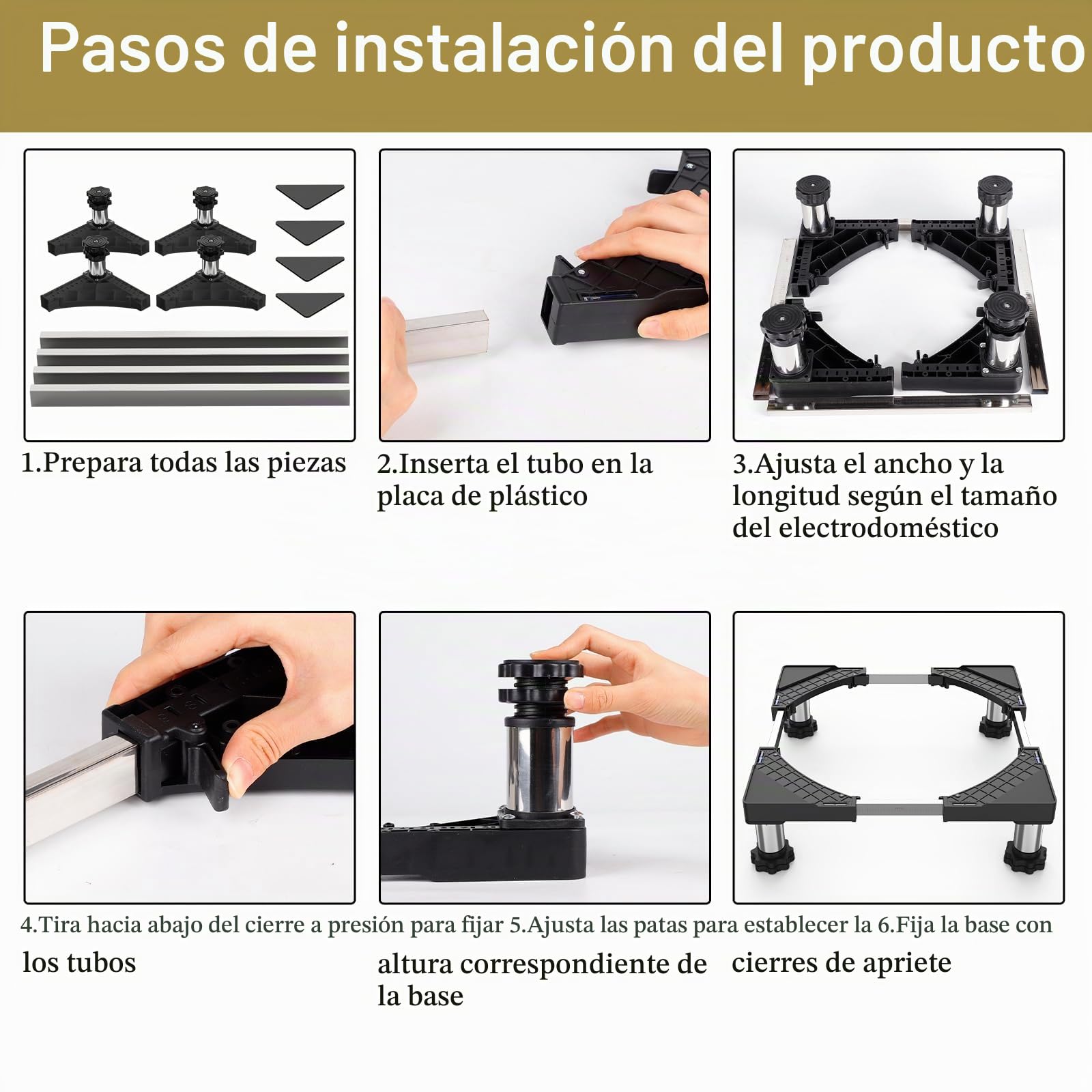 DEWEL Soporte Lavadora Ajustable para Lavadoras, Frigoríficos y Secadoras | con Cuatro Pies de Acero Inoxidable, Ancho Regulable 45-65cm, Altura 13-17cm, Carga Máxima 200 kg, Negro